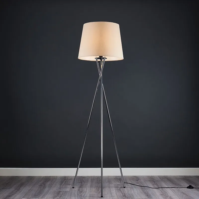 ValueLights Camden Polished Chrome Tripod Floor Lamp with Beige Tapered Lamp Shade - Beige