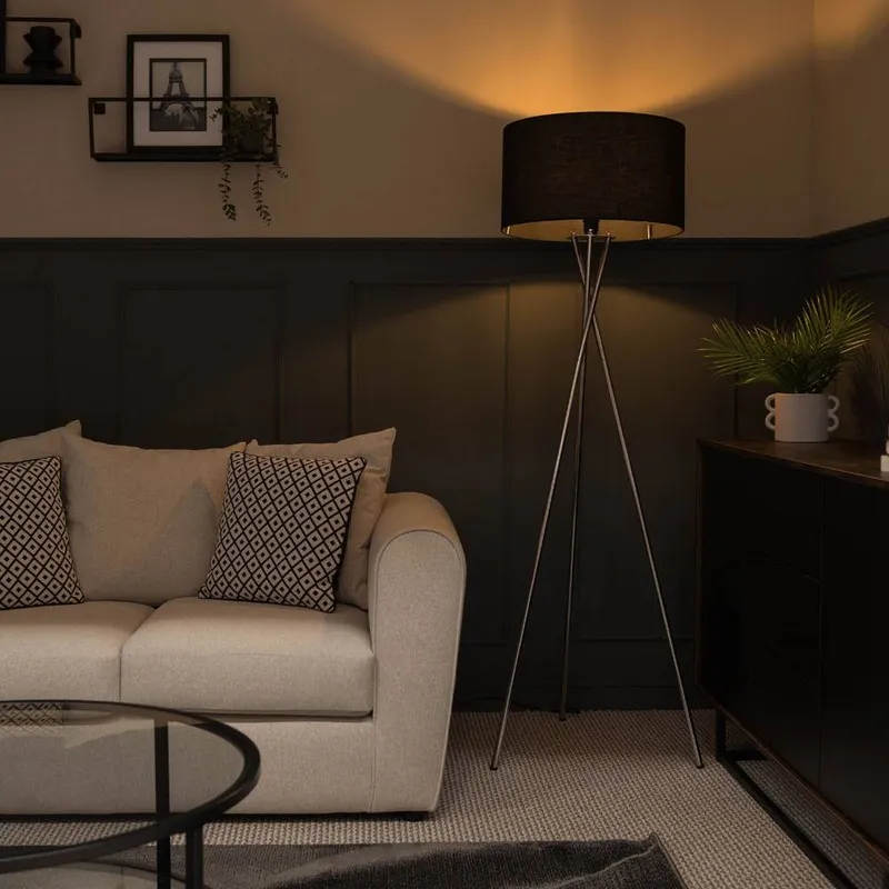 ValueLights Camden Polished Chrome Tripod Floor Lamp with Black Drum Shade & Bulb - Black