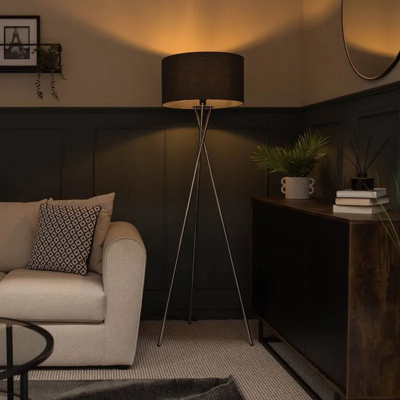 ValueLights Camden Polished Chrome Tripod Floor Lamp with Charcoal Drum Lamp Shade - Charcoal