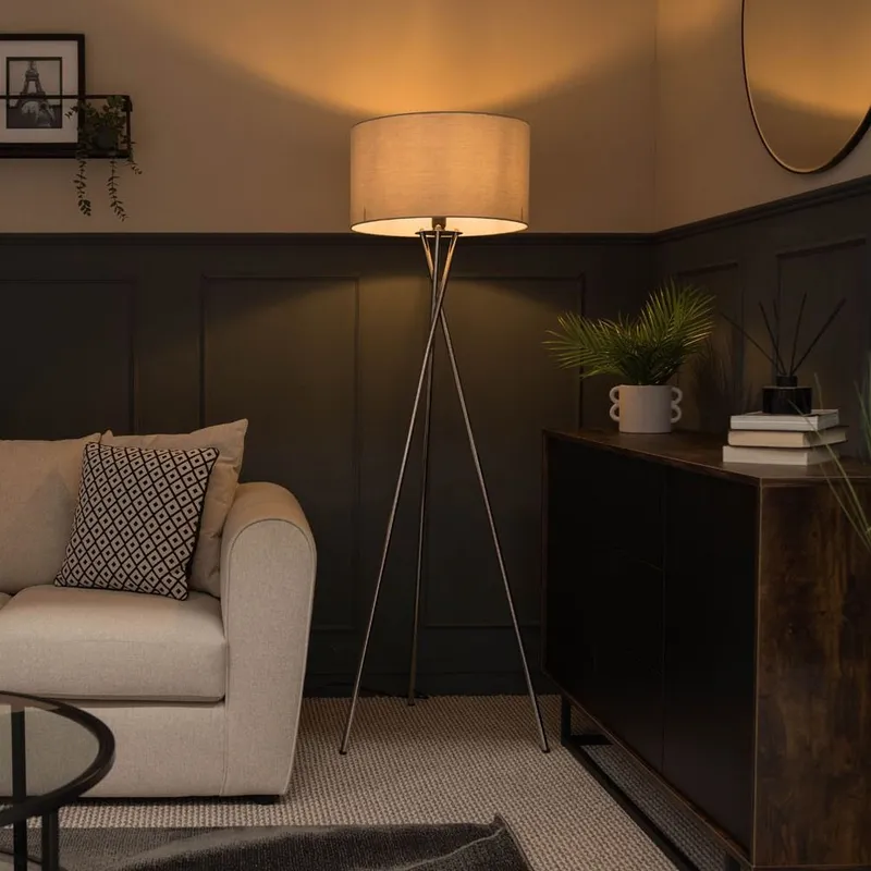 ValueLights Camden Polished Chrome Tripod Floor Lamp with Grey Drum Lamp Shade Grey