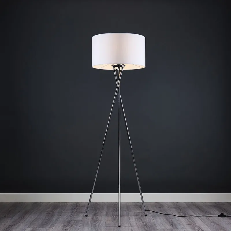 ValueLights Camden Polished Chrome Tripod Floor Lamp with White Drum Lamp Shade - White