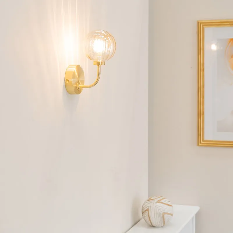 ValueLights Chessy Pair of Ribbed Glass Globe Shade Gold Stem Wall Lights - Gold