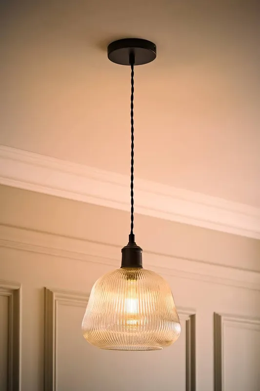 ValueLights Delora Ribbed Bell Glass Shade Single Ceiling Pendant Light & Bulb in Black - Black