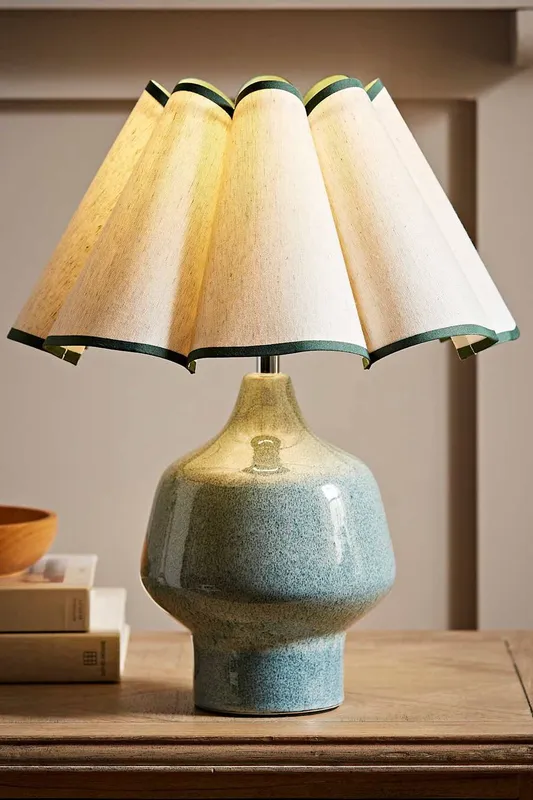 ValueLights Jamie Glazed Ceramic Table Lamp with Scallop Trim Lamp Shade in Green Green