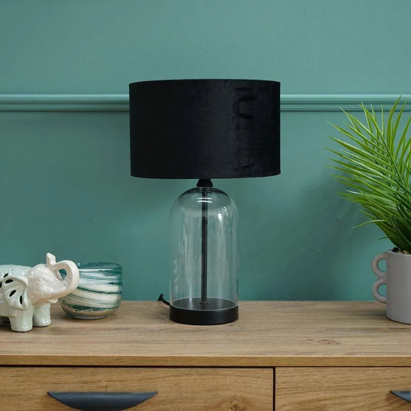 ValueLights Jessy Black Glass Table Lamp With Black Velvet Shade - Black