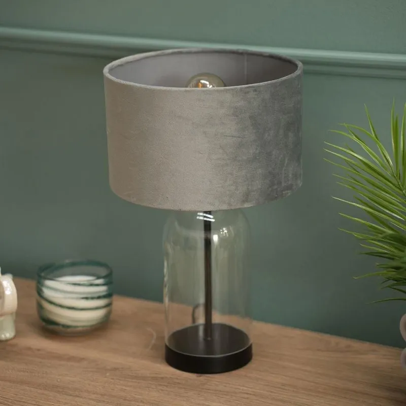ValueLights Jessy Black Glass Table Lamp With Grey Velvet Shade - Black