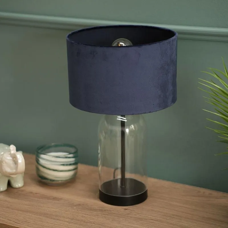 ValueLights Jessy Black Glass Table Lamp With Navy Blue Velvet Shade Black