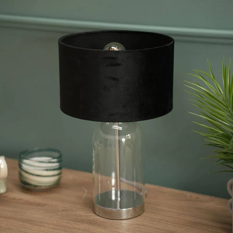 ValueLights Jessy Chrome Glass Table Lamp With Black Velvet Shade in Silver - Silver