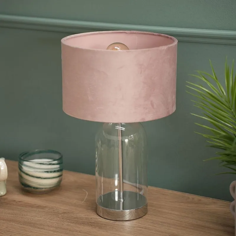 ValueLights Jessy Chrome Glass Table Lamp With Blush Pink Shade in Silver Silver