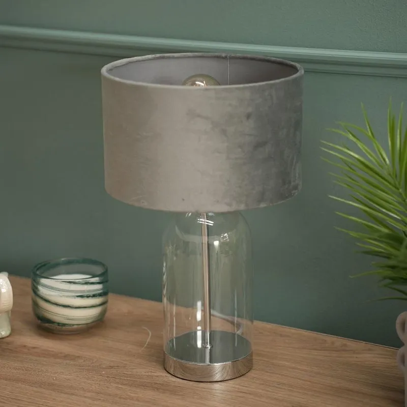ValueLights Jessy Chrome Glass Table Lamp With Grey Shade in Silver Silver