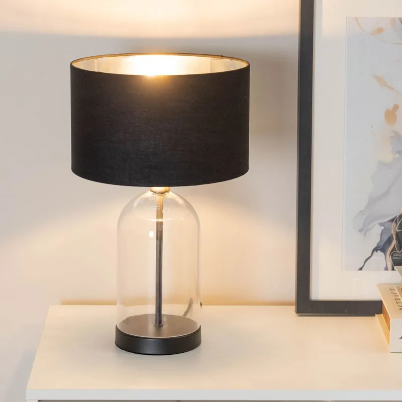 ValueLights Jessy Glass with Black Trim Table Lamp with Black with Chrome Inner Shade & Bulb Black