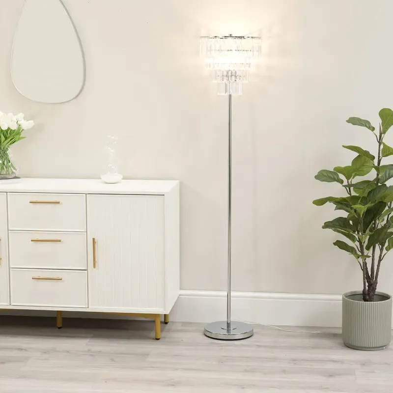 ValueLights Kelsks Chrome Floor Lamp with Jewel Droplet Lamp Shade in Silver Silver