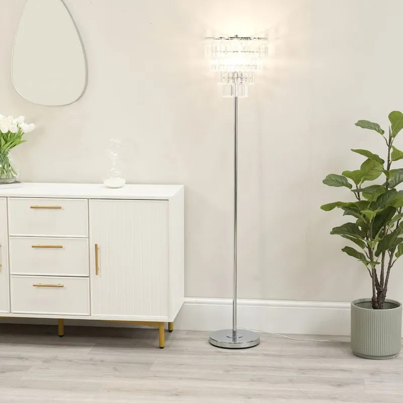 ValueLights Kelsks Chrome Floor Lamp with Jewel Droplet Lamp Shade & LED Bulb in Silver - Silver
