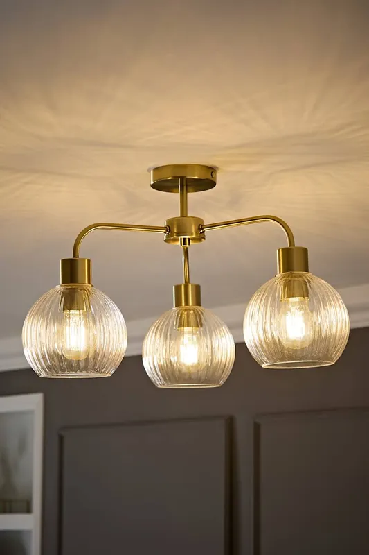 ValueLights Unisex Maddison Clear Ribbed Glass Globe Shades 3 Arm Ceiling Light in Gold Gold One Size female