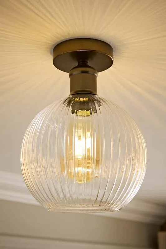 ValueLights Maddison Clear Ribbed Glass Globe Shades Flush Ceiling Light in Bronze - Bronze