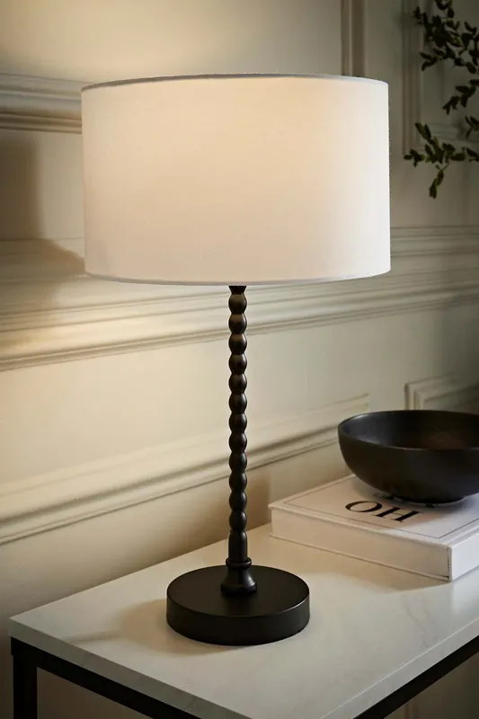 ValueLights Maeve Fabric Drum Lamp Shade Matte Black Bobbin Bobble Table Lamp in White White