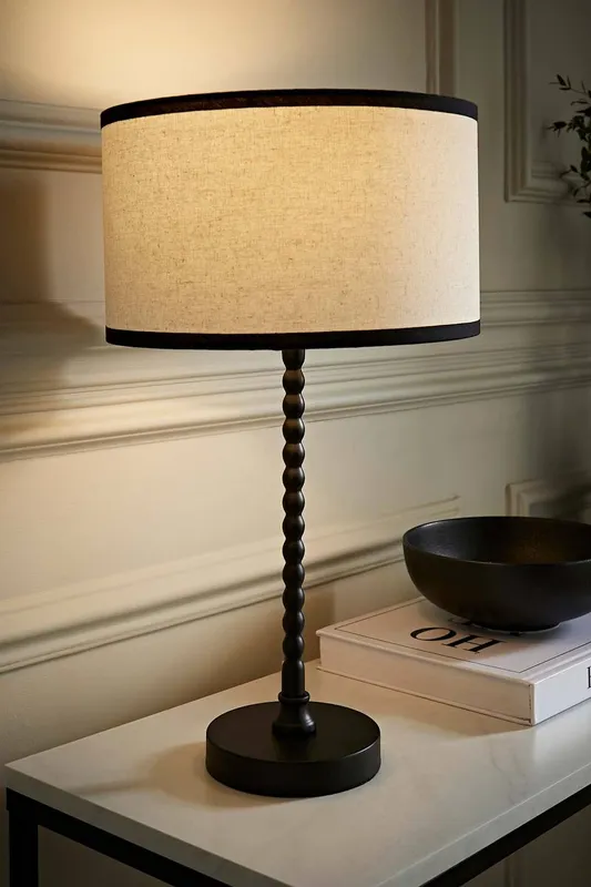 ValueLights Maeve Natural Linen Black Trim Drum Shade Matte Black Bobbin Bobble Table Lamp Black