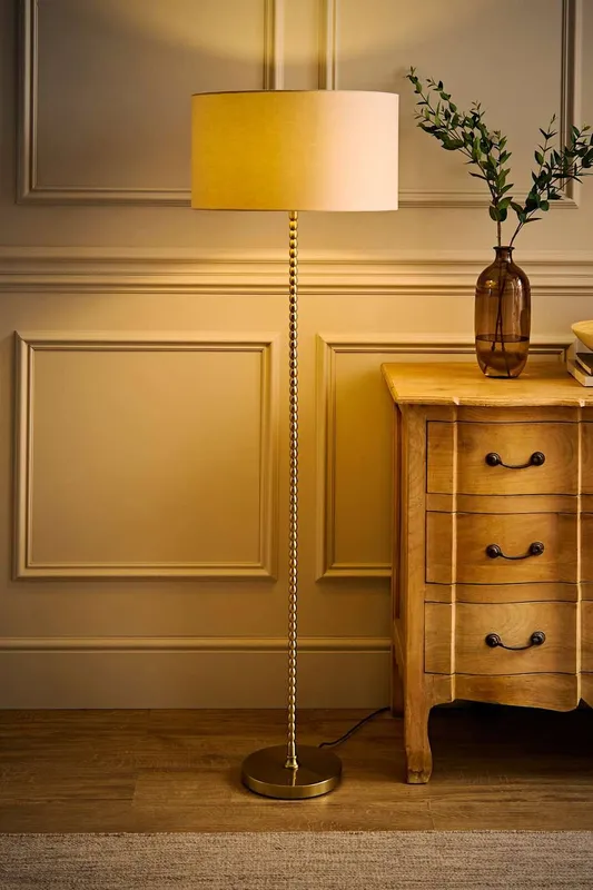 ValueLights Maeve Natural Shade Bobbin Bobbled Brushed Gold Floor Lamp Gold
