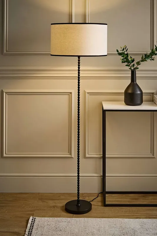 ValueLights Maeve Natural Shade with Black Trim Bobbin Bobbled Black Floor Lamp Black