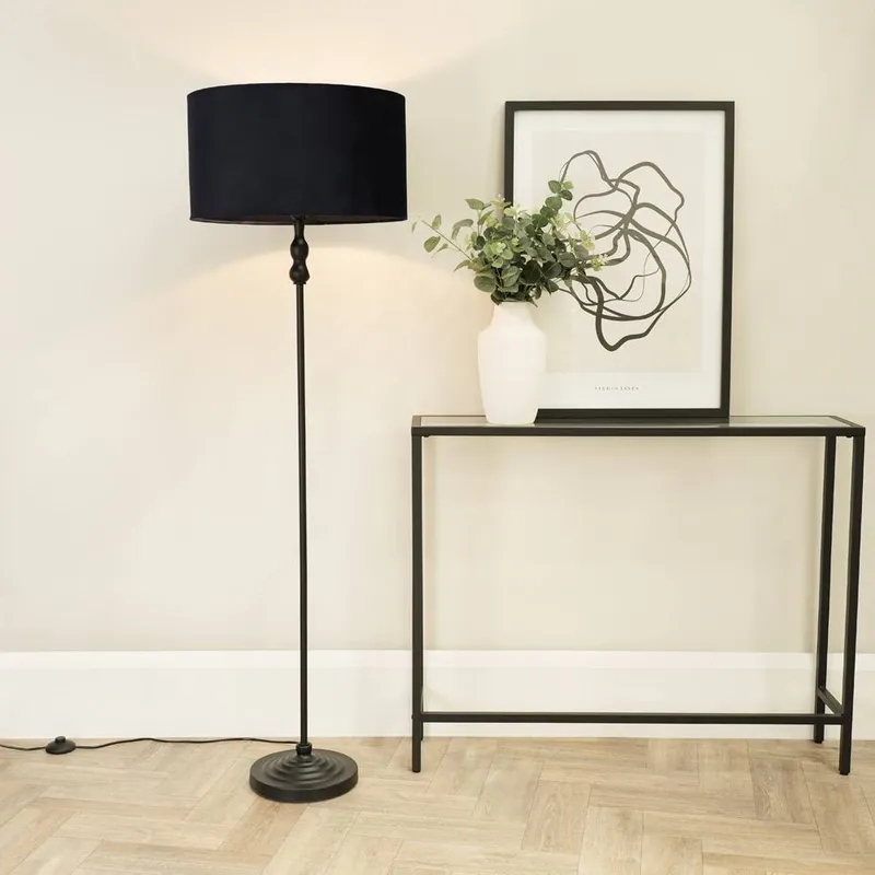 ValueLights Maggie Black Metal Candlestick Floor Lamp with Velvet Lamp Shade - Black
