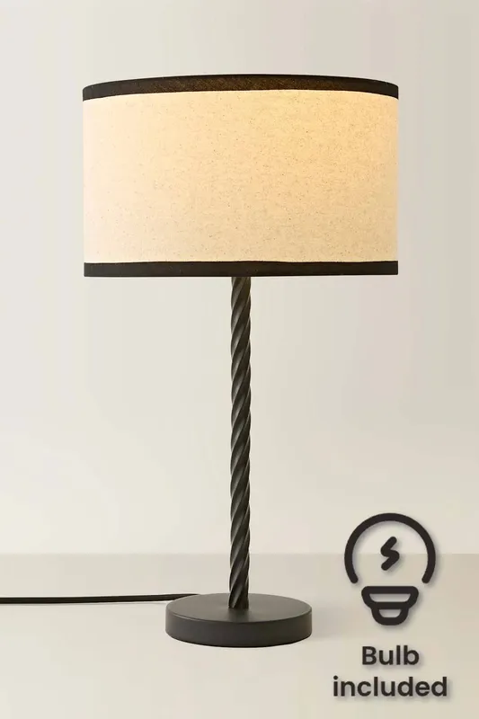 ValueLights Maura Natural Linen Black Trim Shade Black Twist Table Lamp & Bulb - Black