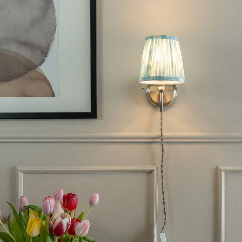 ValueLights Plug In Brushed Chrome Wall Light with Blue Pleated Fabric Tapered Lampshade Blue
