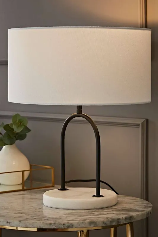 ValueLights Rachel Black Arch Marble Base Table Lamp with White Linen Lamp Shade - White