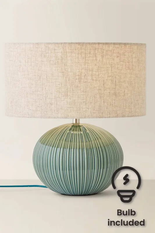 ValueLights Rebecca Green Ribbed Ceramic Table Lamp with Linen Drum Shade & Bulb in Dark Green - Dark Green