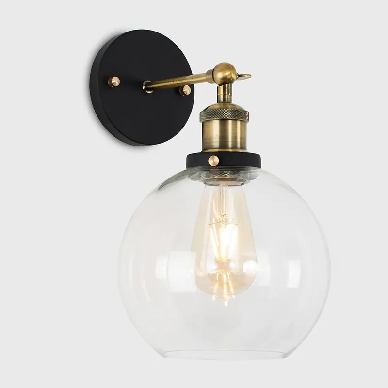 ValueLights Sheridan Pair of Industrial Clear Glass Bowl Gold Trim Black Wall Lights & LED Bulbs - Clear - Size: One Size