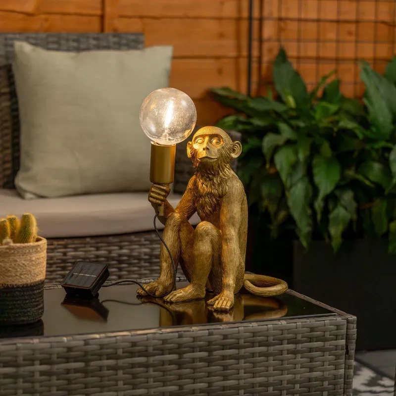 ValueLights Solar Powered Gold Monkey Garden Ornament Table Lamp Gold