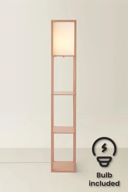 ValueLights Struttura Pastel Wooden Shelving Floor Lamp with Fabric Shade & Bulb in Baby Pink - Baby Pink