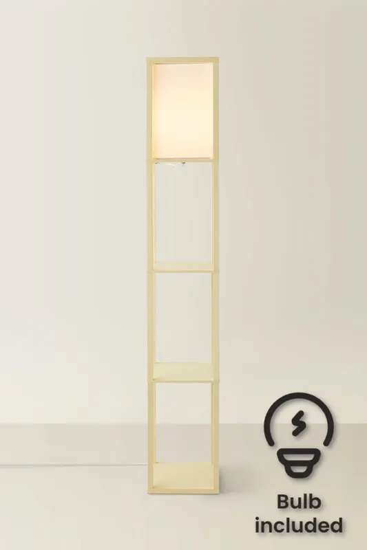 ValueLights Struttura Pastel Wooden Shelving Floor Lamp with Fabric Shade & Bulb in Yellow - Yellow