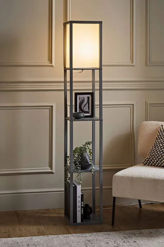 ValueLights Struttura Wooden Shelving Floor Lamp with Fabric Shade in Grey Grey