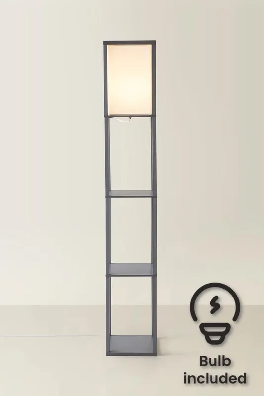 ValueLights Struttura Wooden Shelving Floor Lamp with Fabric Shade & LED Bulb in Grey - Grey