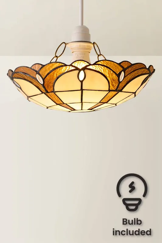 ValueLights Tiffany Pair Amber Gold Stained Glass Ceiling Lamp Shades & Bulbs - Amber - Size: One Size