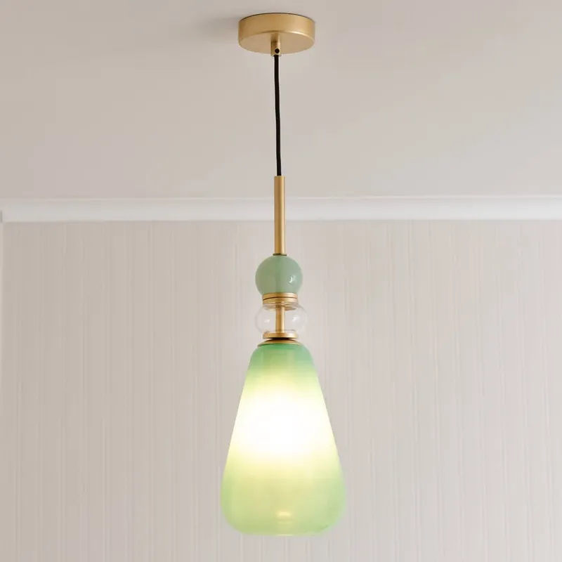 ValueLights Anastasia Green Glass Stack Gold Detail Ceiling Pendant Light & Bulb Green