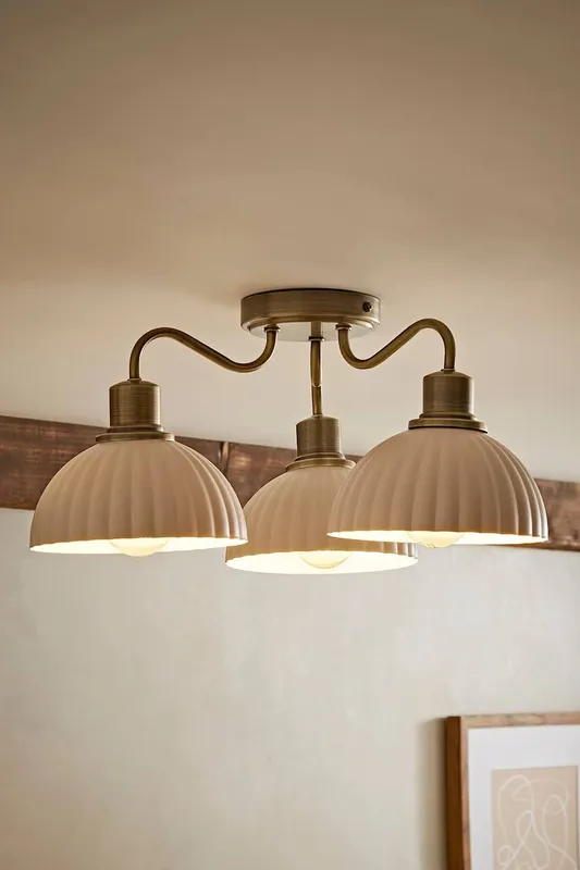 ValueLights Bourton Cream Ribbed Dome 3 Arm Ceiling Pendant Light in Gold - Gold