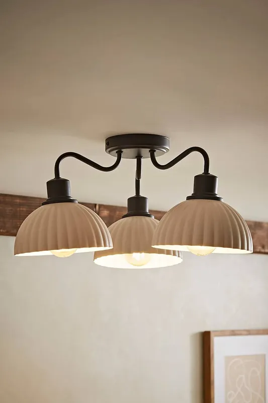 ValueLights Bourton Cream Ribbed Dome 3 Arm Ceiling Pendant Light in Black - Black
