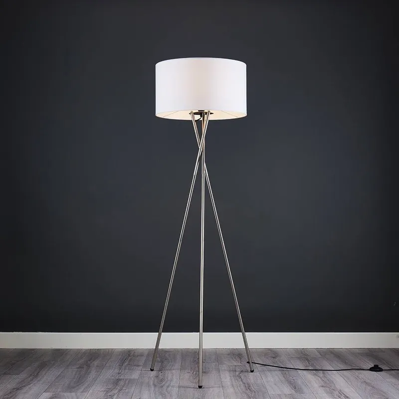 ValueLights Camden Brushed Chrome Tripod Floor Lamp with White Drum Lamp Shade - White