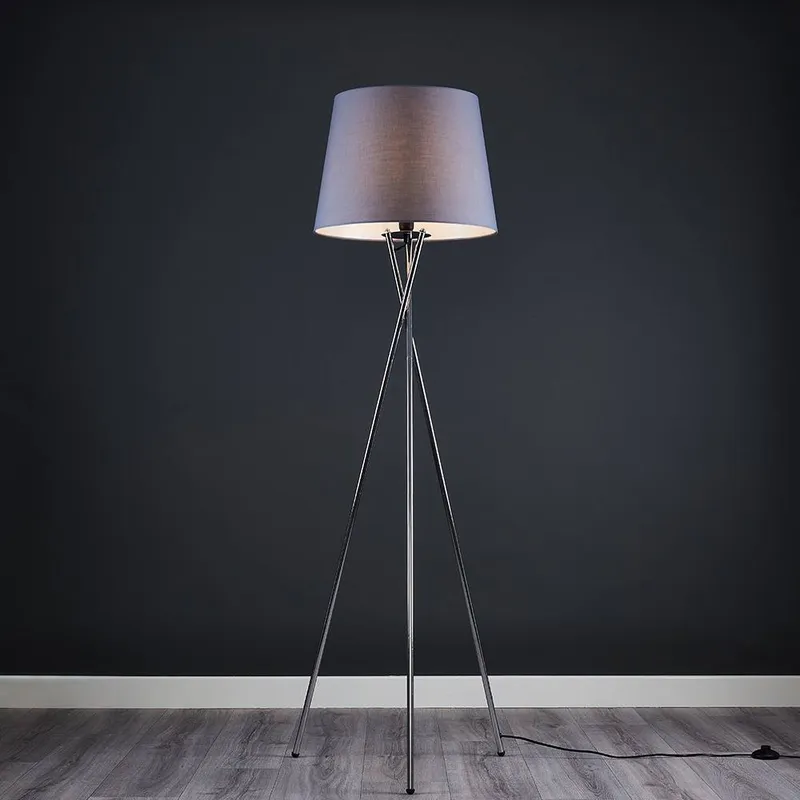 ValueLights Camden Polished Chrome Tripod Floor Lamp with Grey Tapered Lamp Shade Grey