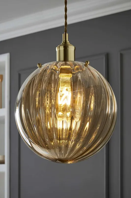 ValueLights Chessy Ribbed Glass Globe Easy Fit Lamp Shade with LED Bulb in Gold - Gold