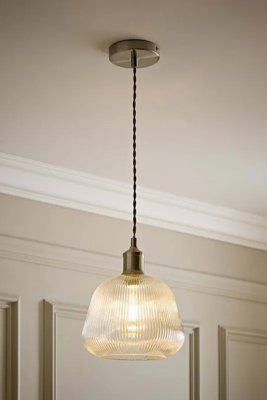 ValueLights Delora Ribbed Bell Glass Shade Single Ceiling Pendant Light in Silver - Silver