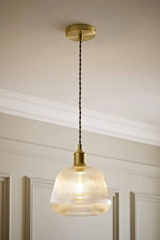 ValueLights Delora Ribbed Bell Glass Shade Single Ceiling Pendant Light in Gold - Gold