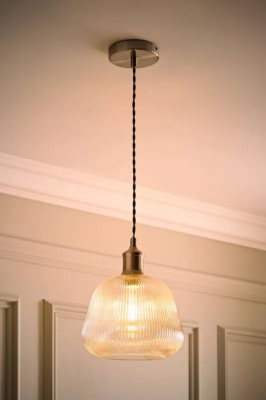 ValueLights Delora Ribbed Bell Glass Shade Single Ceiling Pendant Light & Bulb in Silver - Silver