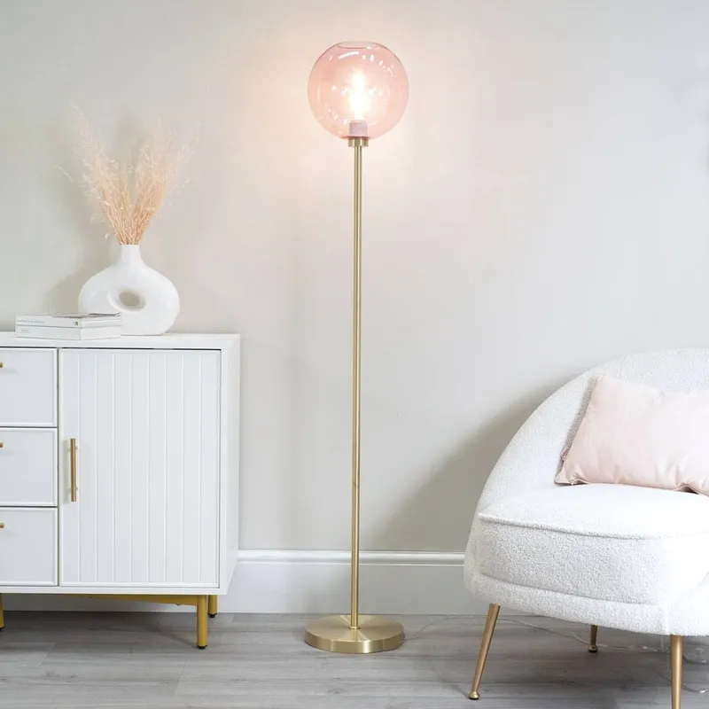 ValueLights Frenchie Pink Tinted Glass Globe Gold Stem Floor Lamp - Pink - Size: One Size