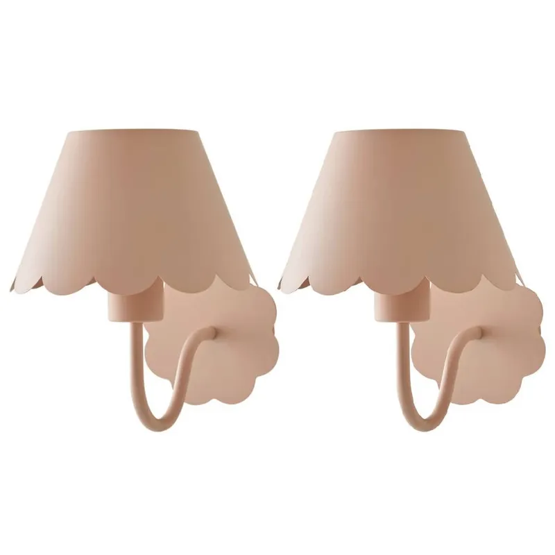 ValueLights Hattie Pair of Rechargeable Metal Scalloped Edge Wall Lights in Pale Pink - Pale Pink