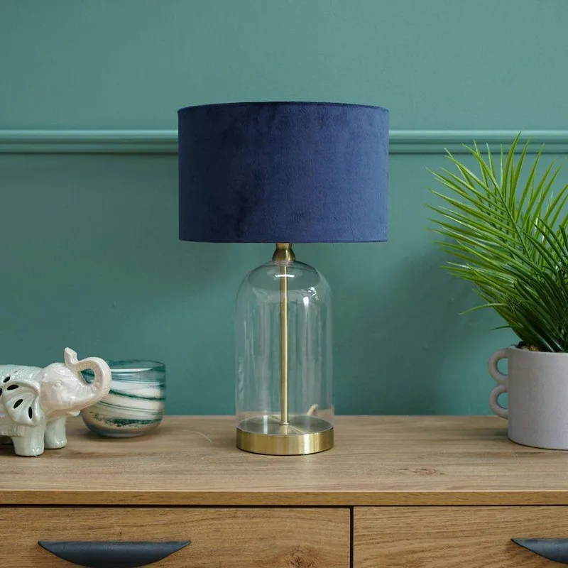 ValueLights Jessy Gold Glass Table Lamp With Navy Blue Velvet Shade - Gold