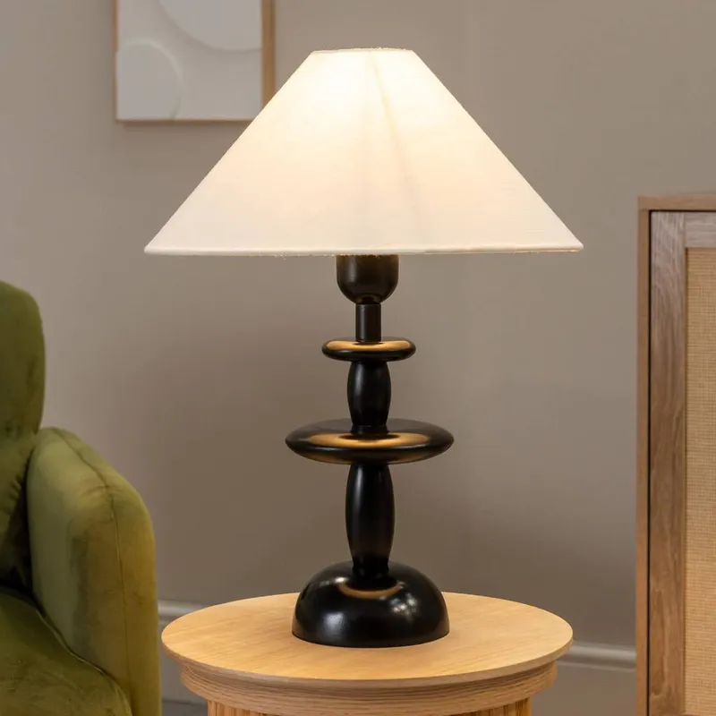 ValueLights Justin Natural Linen Tapered Shade Walnut Dark Wood Stacked Table Lamp Natural