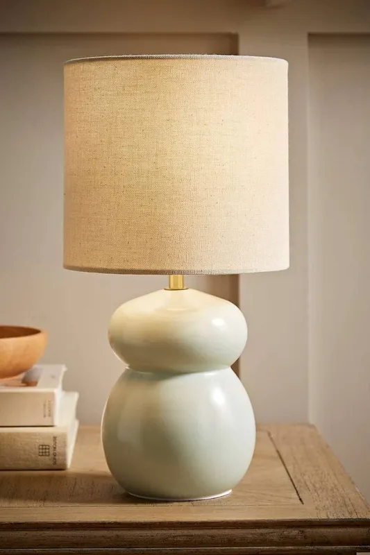ValueLights Kendal Natural Linen Drum Shade Glazed Ceramic Table Lamp in Pale Blue - Pale Blue