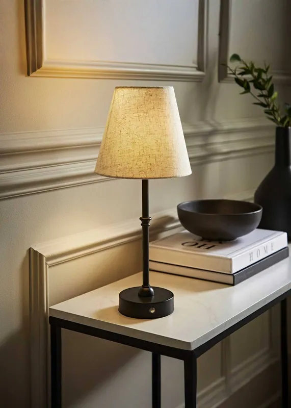 ValueLights Lowe Black Rechargeable Portable Table Lamp with Linen Lamp Shade Black